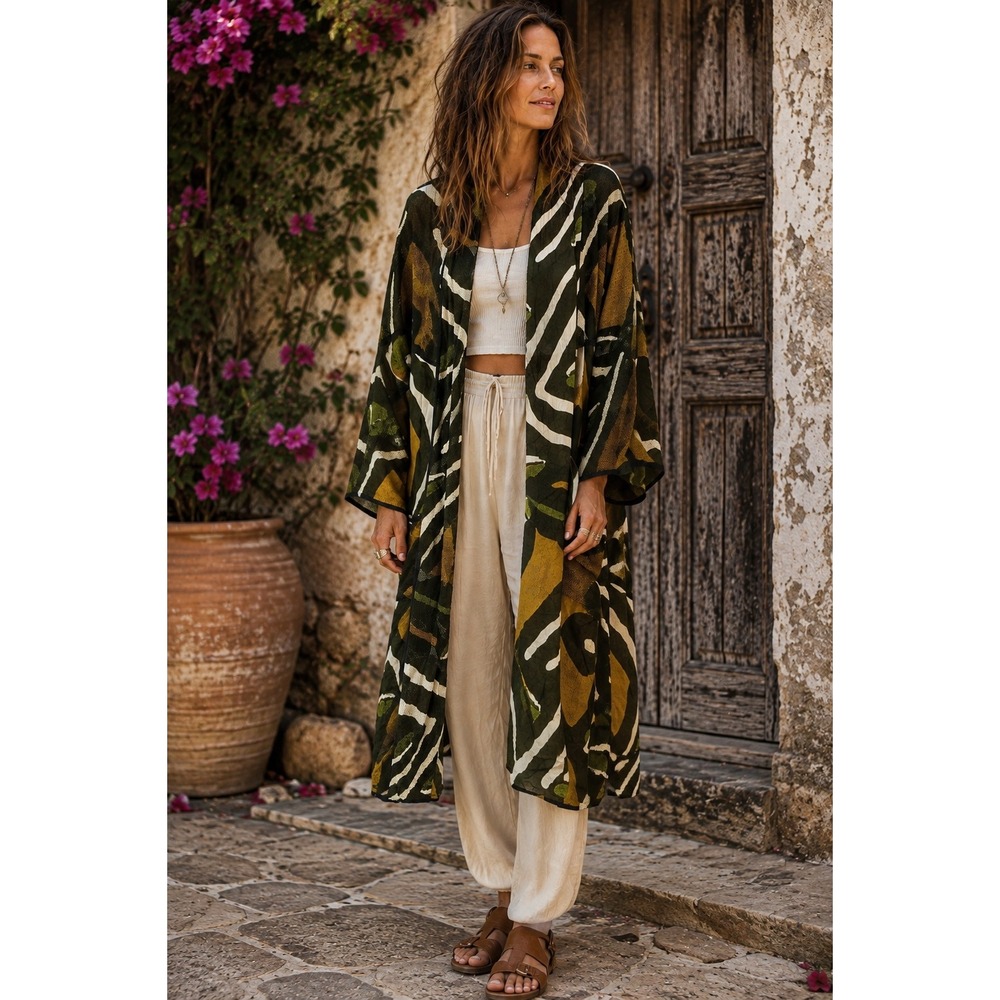 Pegasus Womens Free‎ Jacket Green White Fabric Bohemian Chic Open Front Kimono